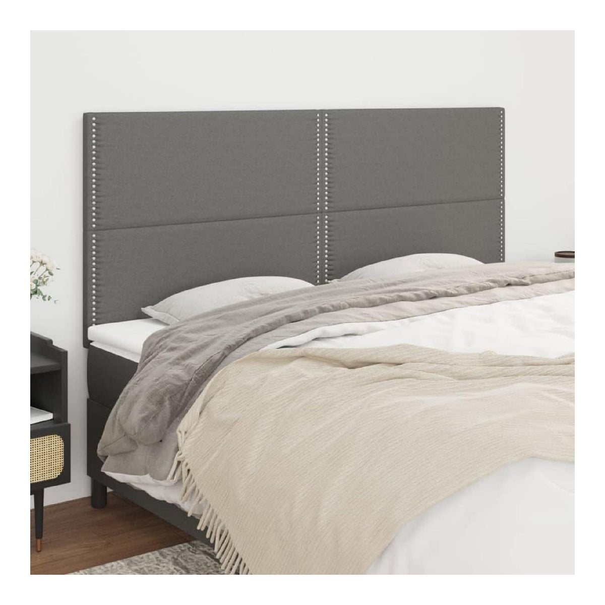 Bett Kopfteil Gepolstert Dunkelgrau 180 cm Breit, Hohenverstellbar, Stoffbezug, Nietenkante, Ruckenstutze Zum Lesen