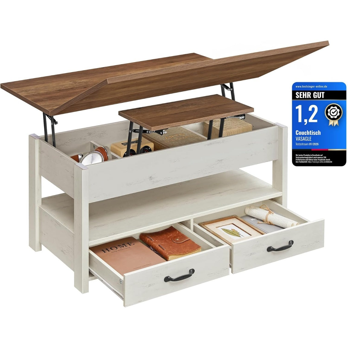 H?henverstellbarer Couchtisch mit Gasdruckfeder, 2 Schubladen und