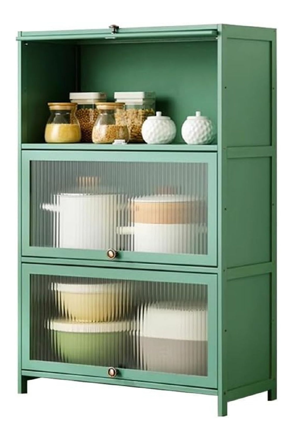 Grunes Bambus-Sideboard mit transparenter Tur, hohen Schrankfu en fur Kuchenaufbewahrung & Backerregal - fur Kuche, Wohnzimmer, Flur, Aufbewahrungsschrank