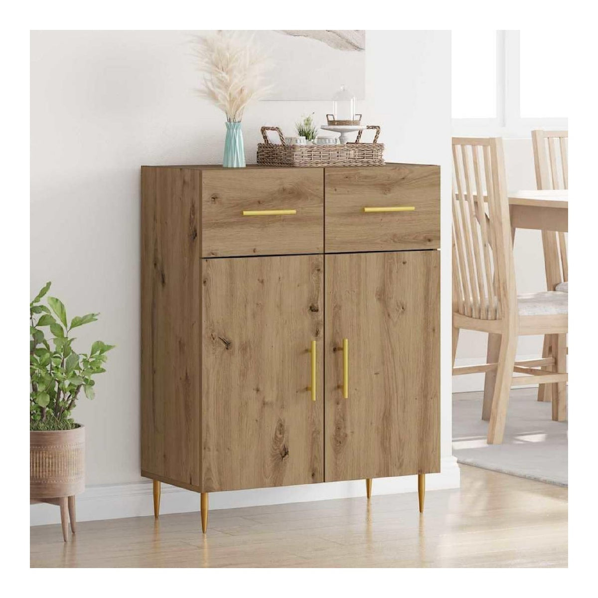 Sideboard Artisan-Eiche 69,5 x 34 x 90 cm Holzwerkstoff Modernes Design mit Schubladen Stauraum Schrank fur Wohnzimmer Esszimmer Kuchenmobel mit Turen Goldbeinen Standregal Mobelstuck
