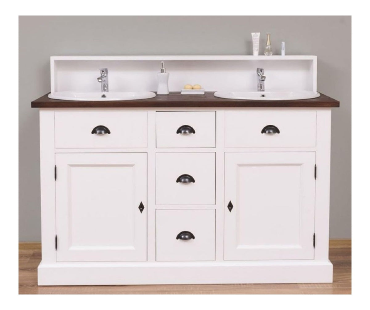 Landhausstil Doppelwaschtisch Wei /Dunkelbraun 147 x 51 x H. 110 cm - Massivholz Waschbeckenschrank - Badezimmer Mobel im Landhausstil