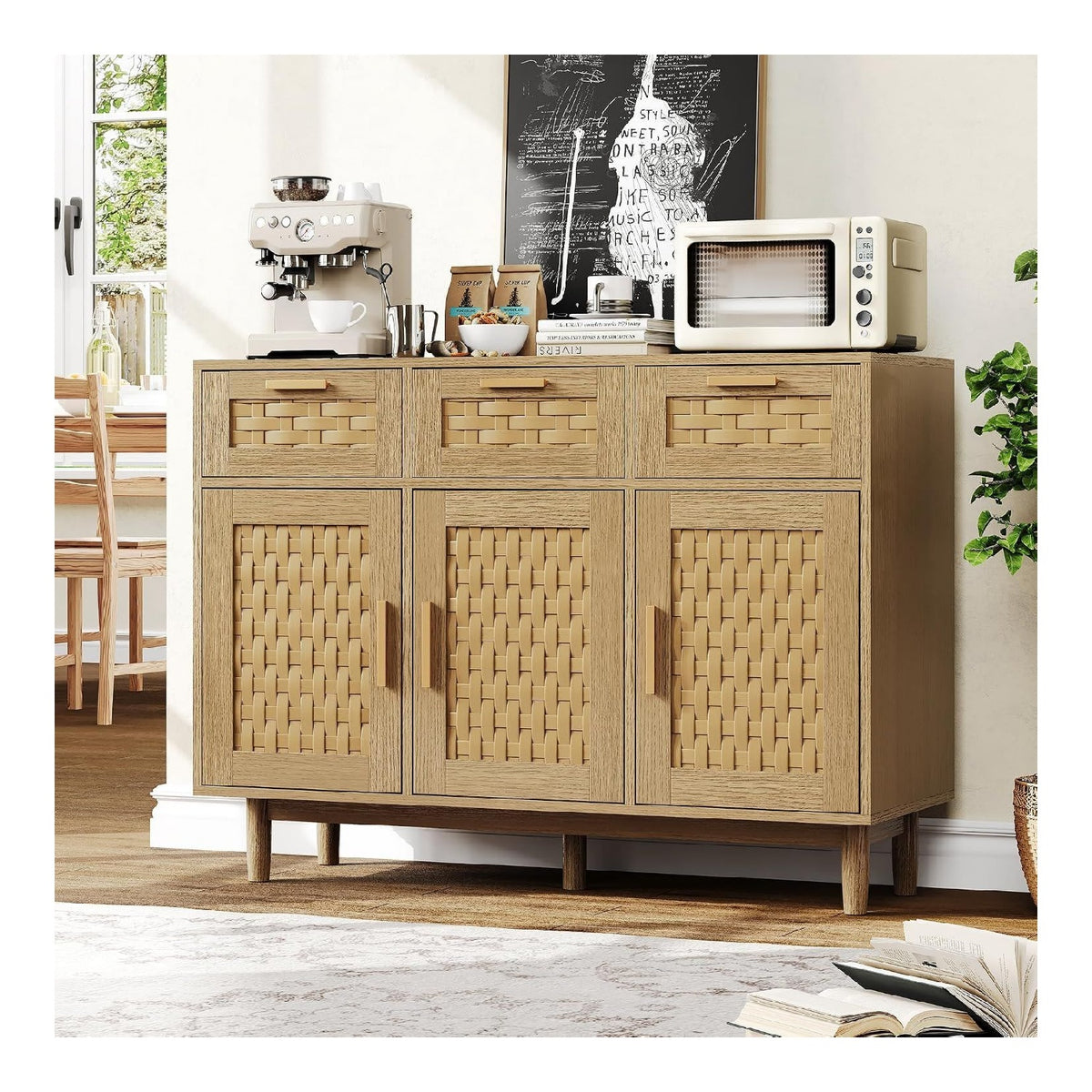 BEIJIALY Sideboard fur Esszimmer, Modernen Kommode mit 3 Schubladen,Imitations-Rattan Buffetschrank Schrank fur Esszimmer, Wohnzimmer & Schlafzimmer,Esszimmer,Buro (Eichenfarbe, 107.9x40x80cm)