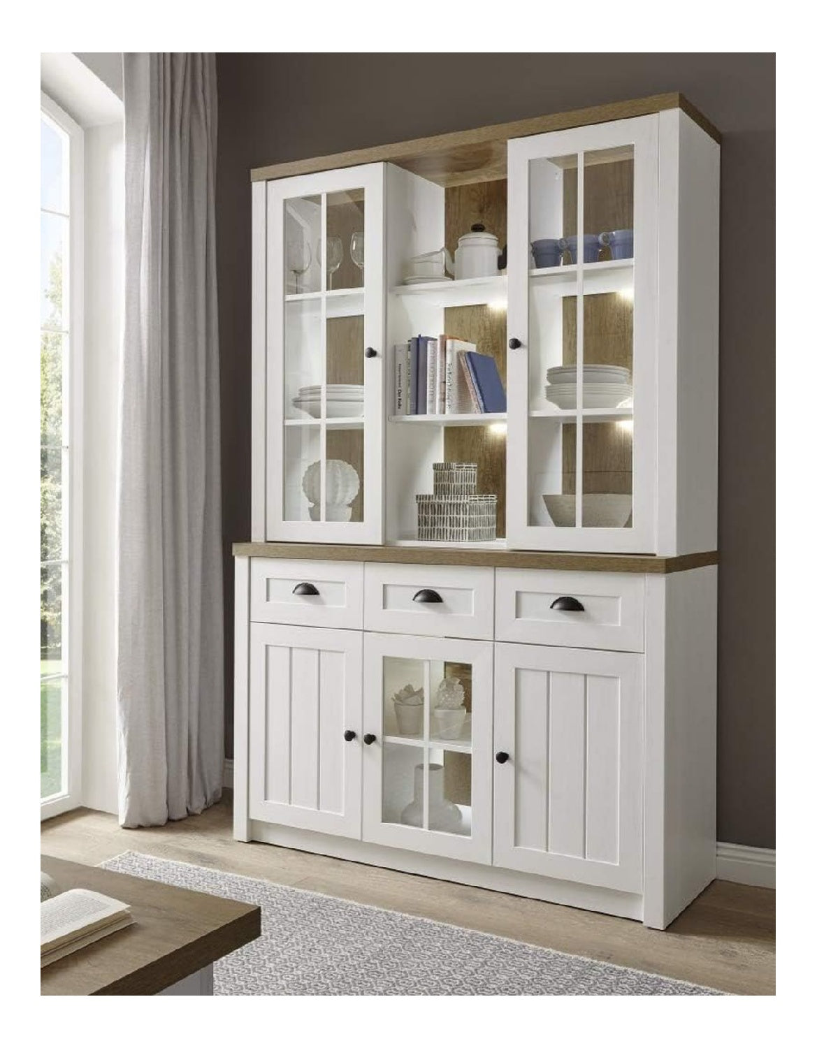 Buffet Tesorino I Holznachbildung Pinie Weiss Applikationen Eiche hell 130x198x35-43cm Highboard Board Sideboard Vitrine Standvitrine Vitrinenschrank Beleuchtung ohne Beleuchtung