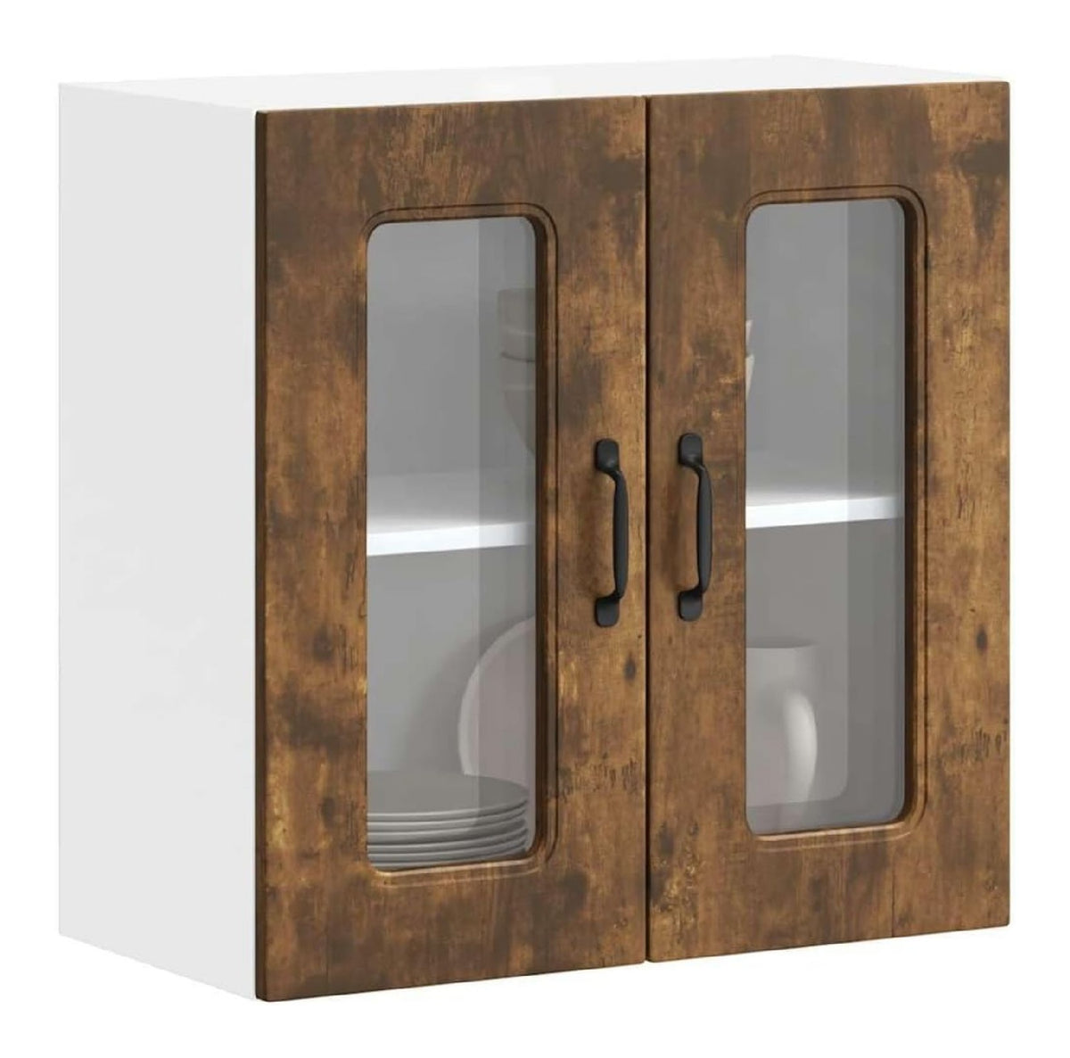 Kuchen-Hangeschrank Kalmar aus Holzwerkstoff mit Glastur in Rauchereiche, 60 x 31 x 60 cm, moderner Kuchenschrank mit viel Stauraum, ideal fur Kuche, Sideboard und Vorratsschrank