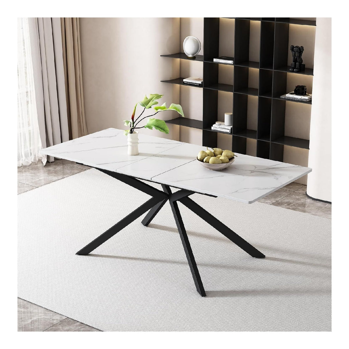 Erweiterbarer Esstisch 150/180x70 cm, automatischer Ausziehtisch mit Kreuzbein-Design, MDF-Tischplatte in Marmoroptik Schwarz-Wei , stabiler rechteckiger Tisch fur 4-6 Personen, Schwarz und Wei