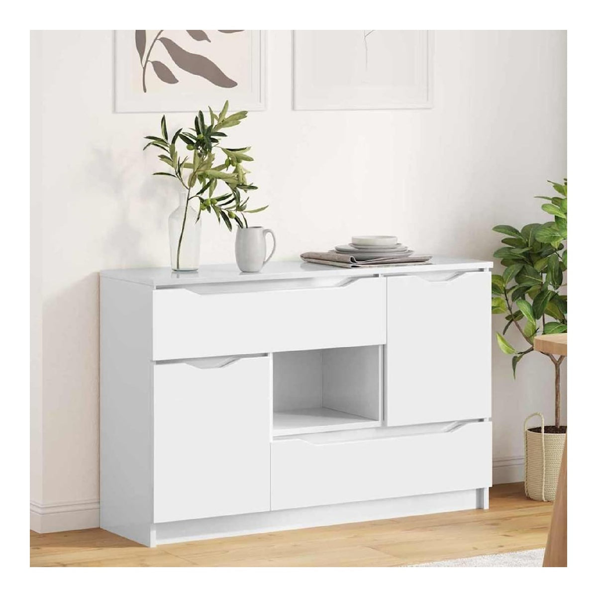 Sideboard Wei Hochglanz 100 cm mit 2 Turen + 1 Schublade, Holzwerkstoff, 65,6 cm, 30 cm Tiefe - modernes Wohnzimmer-Sideboard