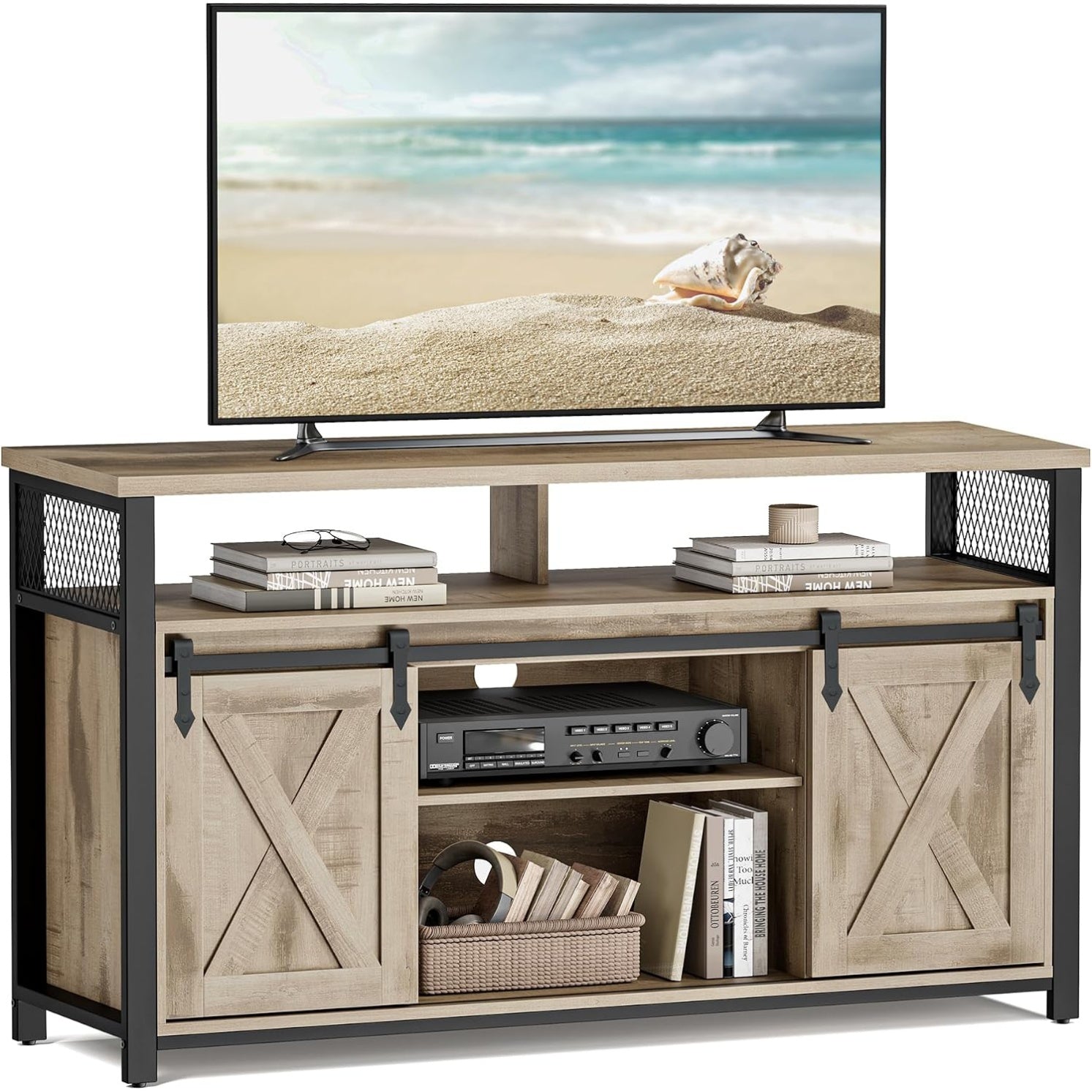 TV-Lowboard f¨¹r Fernseher bis 60 Zoll mit Schiebet¨¹r und verstellbaren Regalb?den, Eiche u