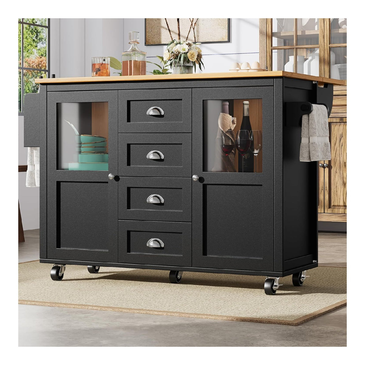 Kucheninsel,Kuchenschrank,Buffetschrank,120x73(45) x93cm,ausziehbarer Kuchenwagen mit Rollen, Handtuchhalter, Gewurzregal, verstellbaren Einlegeboden, Zwei Turen, Vier Schubladen (Schwarz)