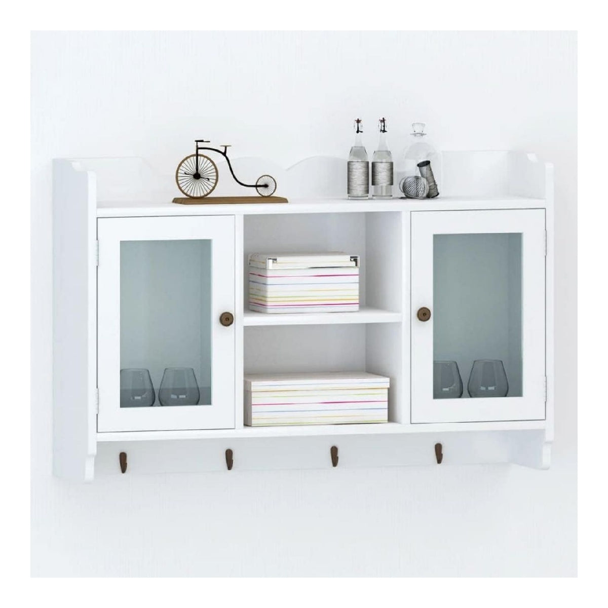 Unsichtbares Montagesystem fur Wandschrank: Wei er Hangeschrank aus lackiertem MDF als Wand-Kuchenschrank zur Aufbewahrung und Elegante Hangevitrine mit Zwei Glasturen