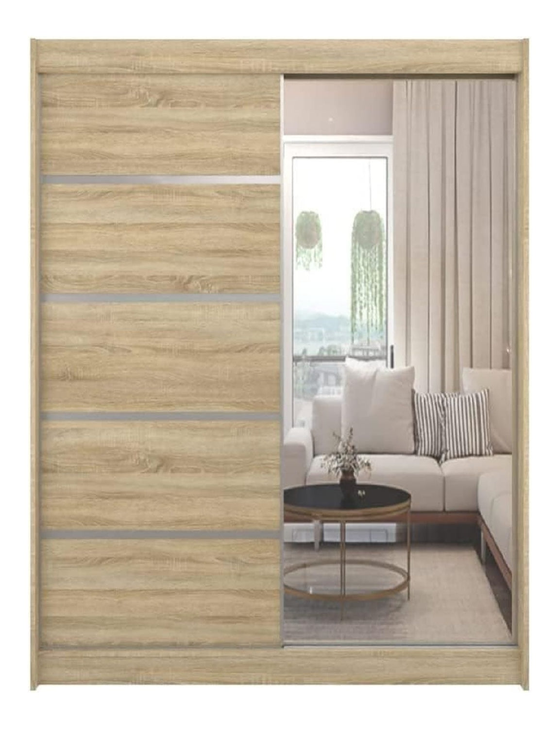 ML Furniture B3 Schiebeturen Kleiderschrank 200 x 215 x 58 cm mit Spiegel - Schlafzimmermobel, Aufbewahrung - Mehrzweckschrank - Farbe: Sonoma - 2 Schiebeturen