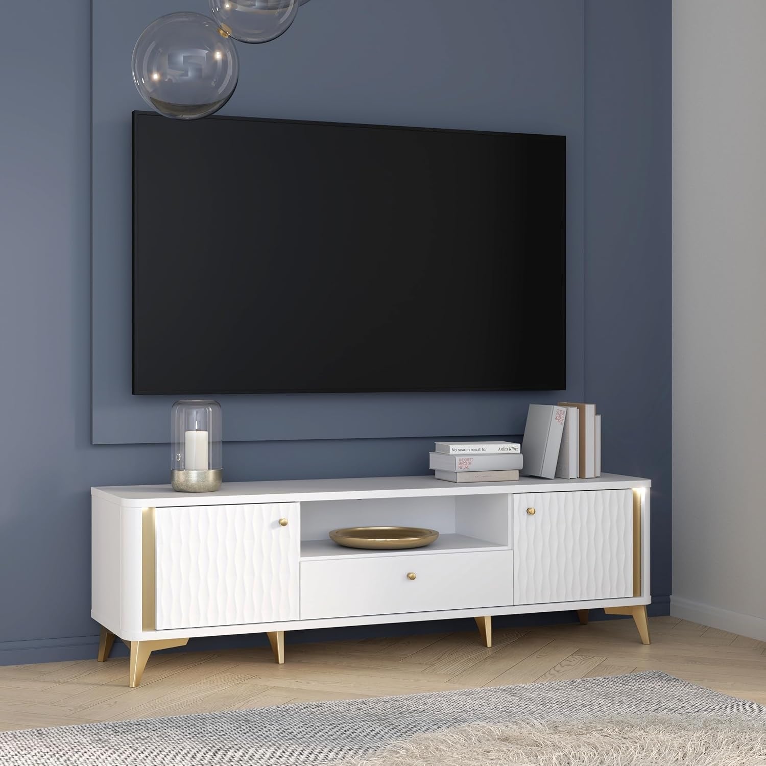 Kommode mit 2 T¨¹ren, 1 Schublade und offenem Fach aus Holzwerkstoff in Wei? und Gold, 160,4 ¡Á 48,8