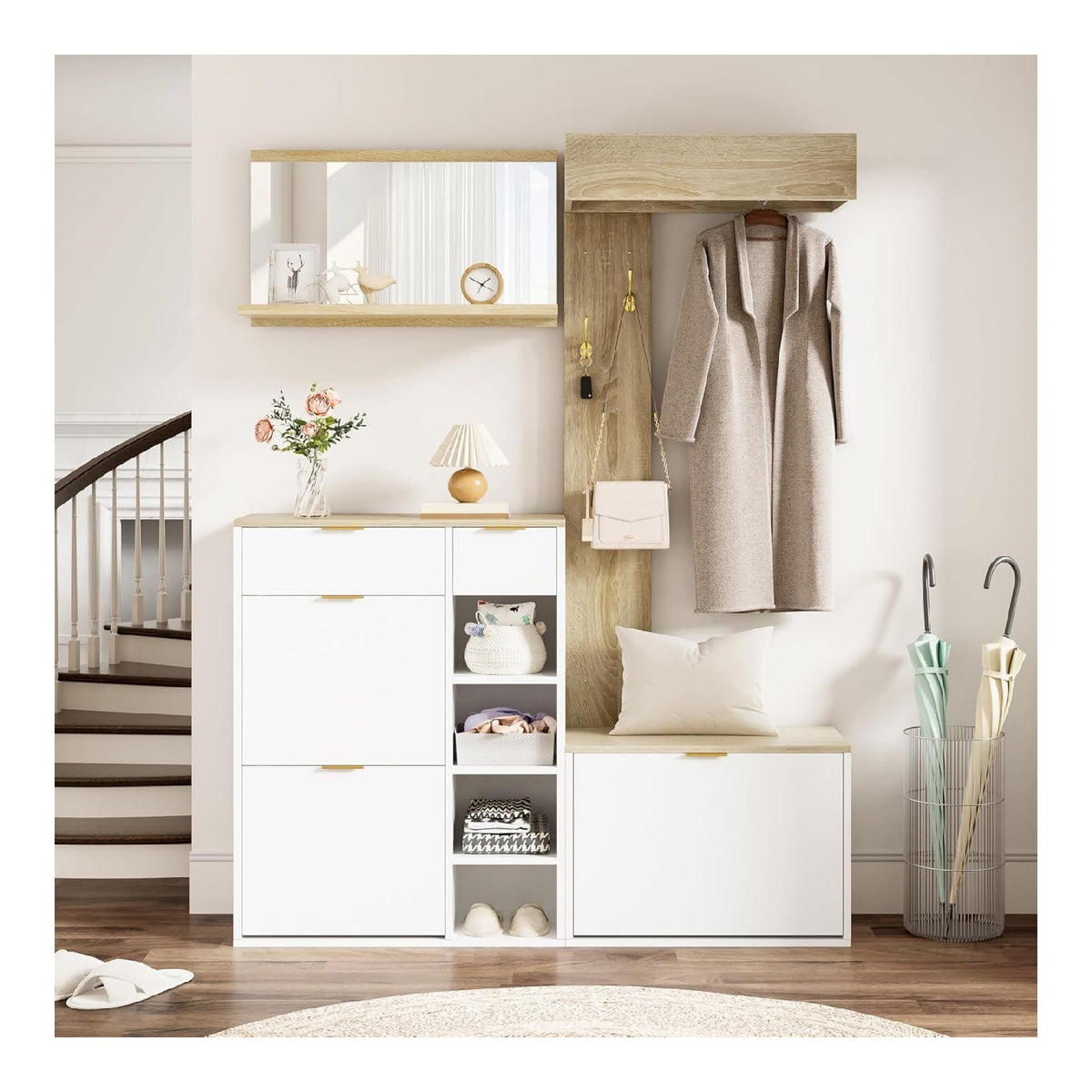 Flurgarderobenset 4-teilig, Schuhschrank, Bank, Wandspiegel, Ablage, 130x30x174 cm