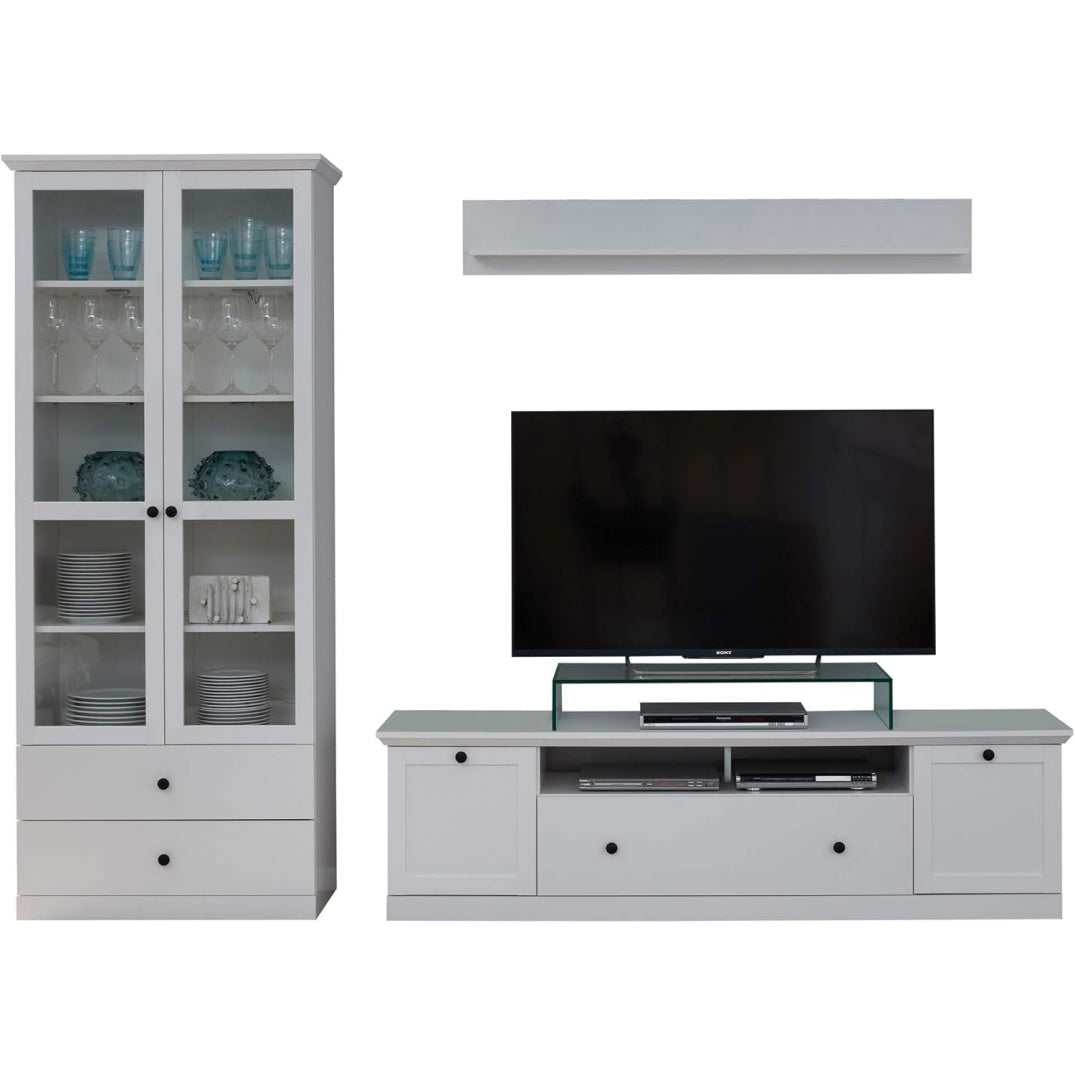 Wohnwand in Wei? mit Vitrine, TV-Lowboard und Wandboard, 273 ¡Á 1