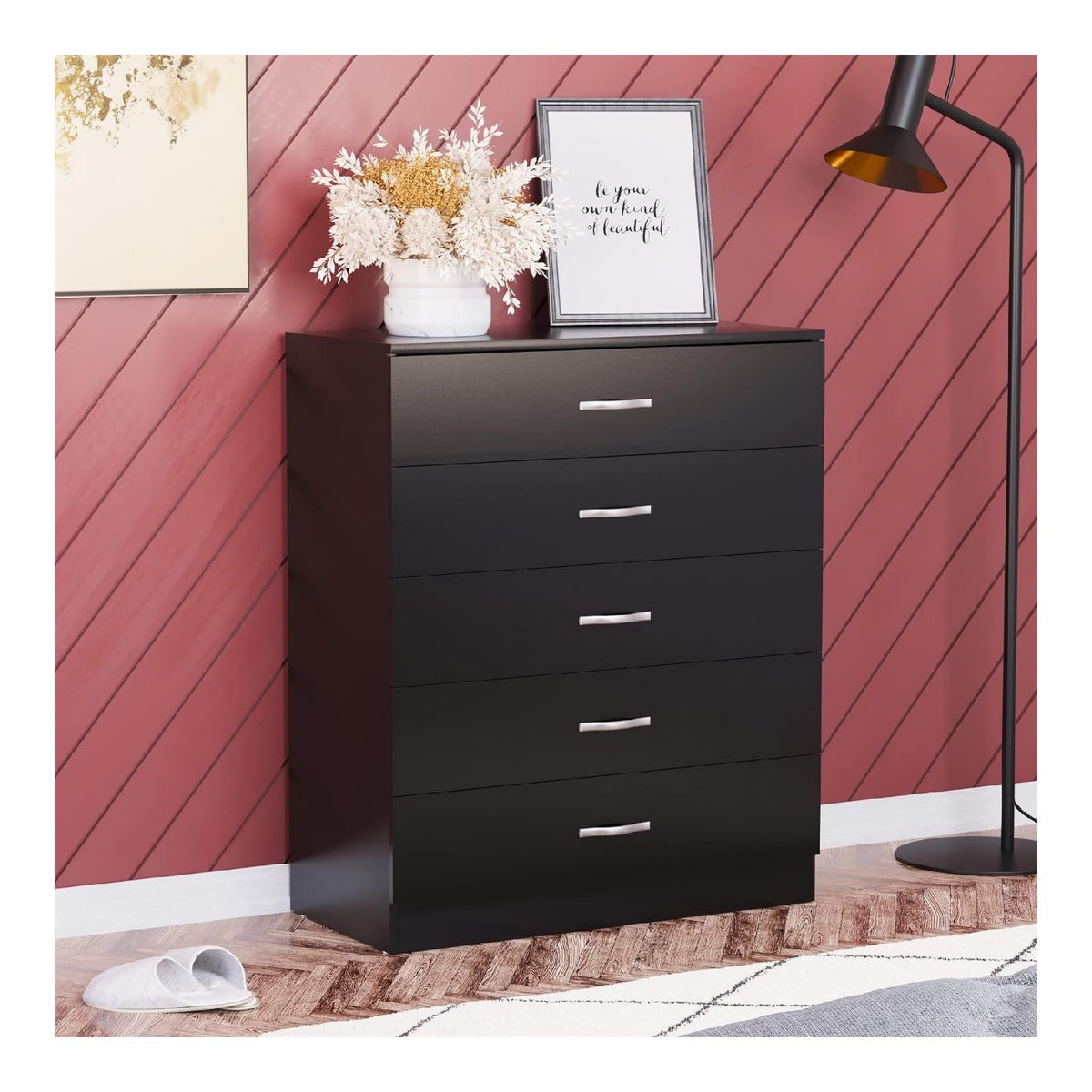 Vida Designs Kommode mit 5 Schubladen Schwarz 90 H x 75 B x 36 T cm Platzsparend Schubladenstutze gegen Durchbiegen Metallgriffe Leichtgangige Schubladenfuhrungen Schlafzimmermobel