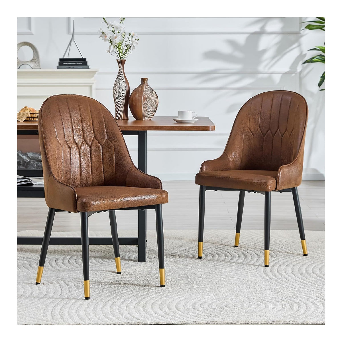 Esszimmerstuhle 2er-Set, Brauner Technologie-Stoff, Blitzmuster-Ruckenlehne, Verdickte Polsterung, Metallrahmen, 91 cm Hoch, Fur Kuche, Cafe, Gewerbe