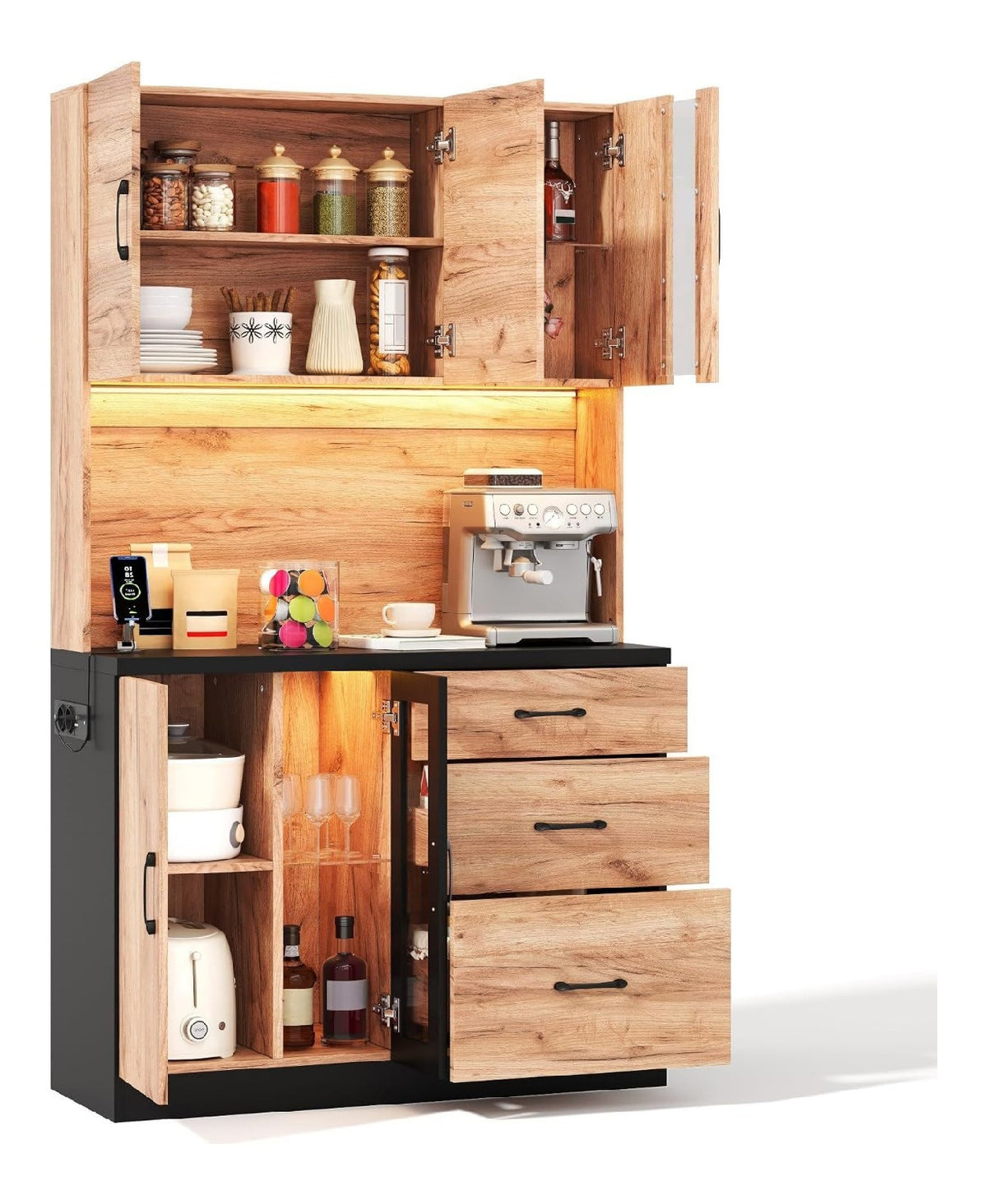 DRIXNO Kuchenschrank, Buffetschrank mit LED-Beleuchtung, Sideboard, Kuchenhochschrank, Esszimmerschrank fur Kuche, Wohnzimmer, Esszimmer, Wohnungen, 105x40x180 cm, Schwarz und Holzoptik