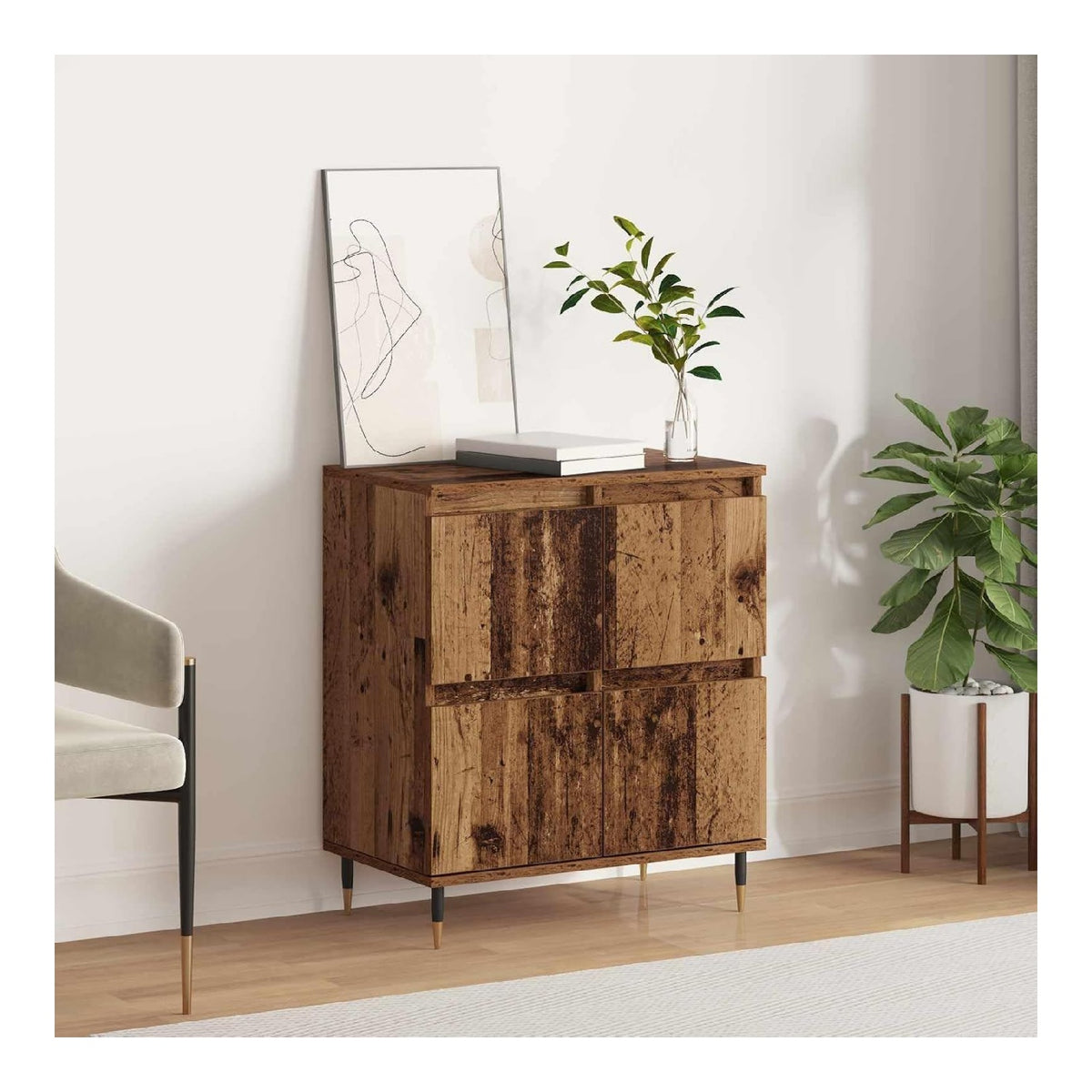 Sideboard Altholz 60 x 35 x 70 cm mit 4 Turen fur Wohnzimmer Flur Kuche Kommode mit Stauraum moderner Design