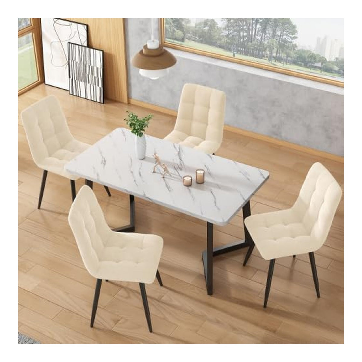 Komfortables Stuhlen 4er-Set: Beige Esszimmerstuhl mit Polsterung, Ruckenlehne und Samtsitzflache, Metallgestell