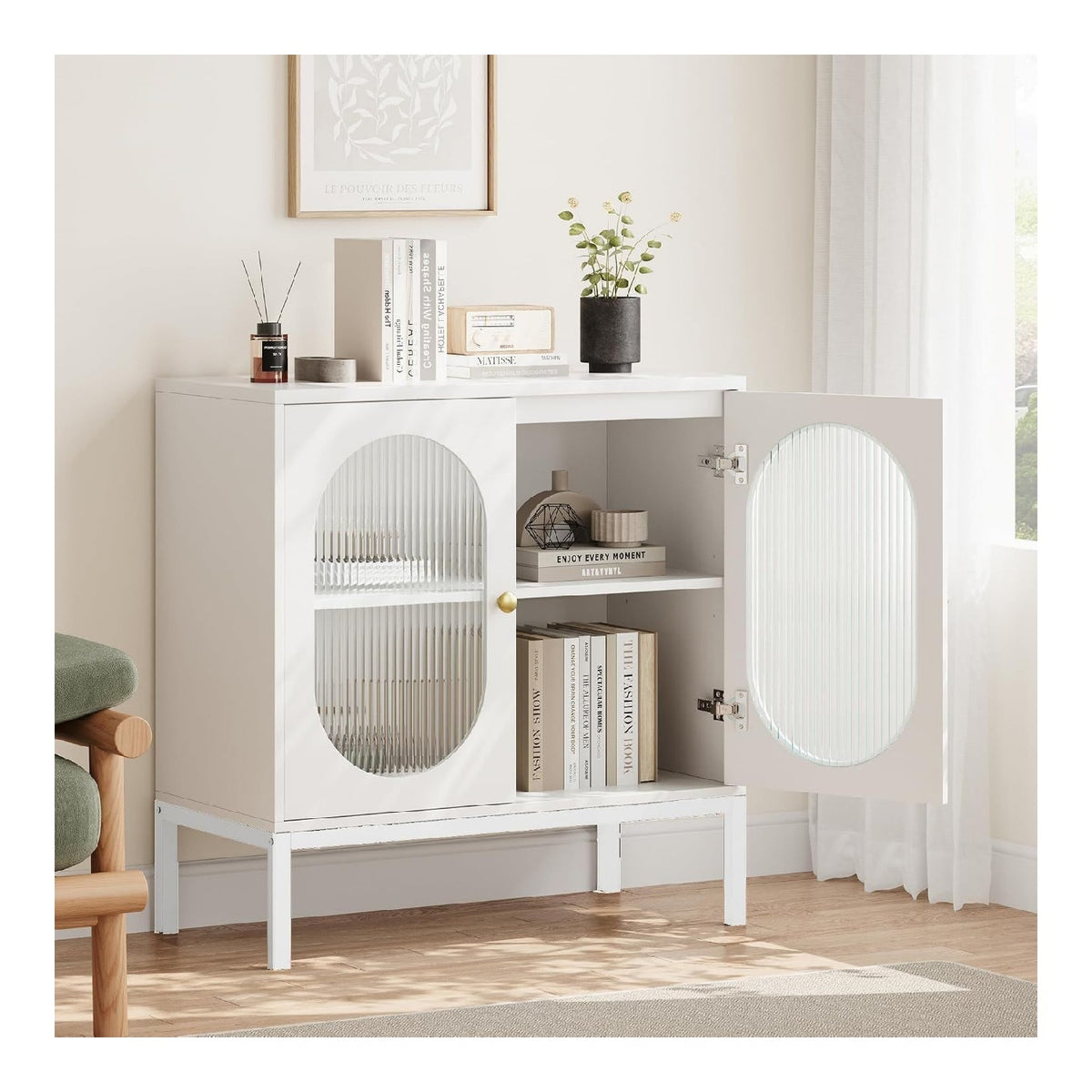 GarveeTech Modernes 2er-Set Sideboards - Geriffelte Glasturen, Buffet- & Aufbewahrungsschrank, 80 cm Kommode - Fur Wohnzimmer, Esszimmer oder Flur - Wei