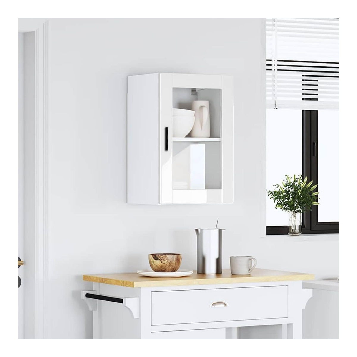 Kuchen-Hangeschrank Porto Hochglanz-Wei mit Glastur, Wandmontage, 40x31x60 cm, 60 kg, moderner Mehrzweckschrank fur Kuche, Esszimmer, Stauraum, Robustes Holzwerkstoff