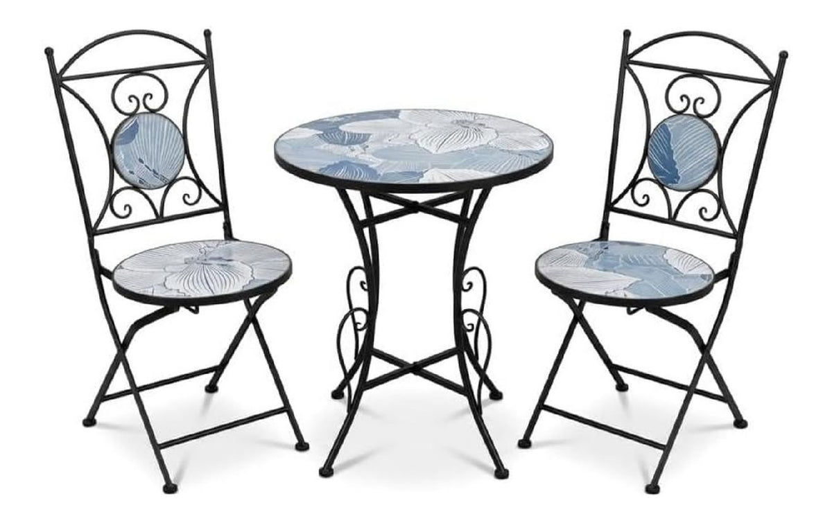 Set mit Tisch und 2 Stuhlen aus Metall und Stein in Schwarz, Blau und Wei , 72 x 60 x 60 cm