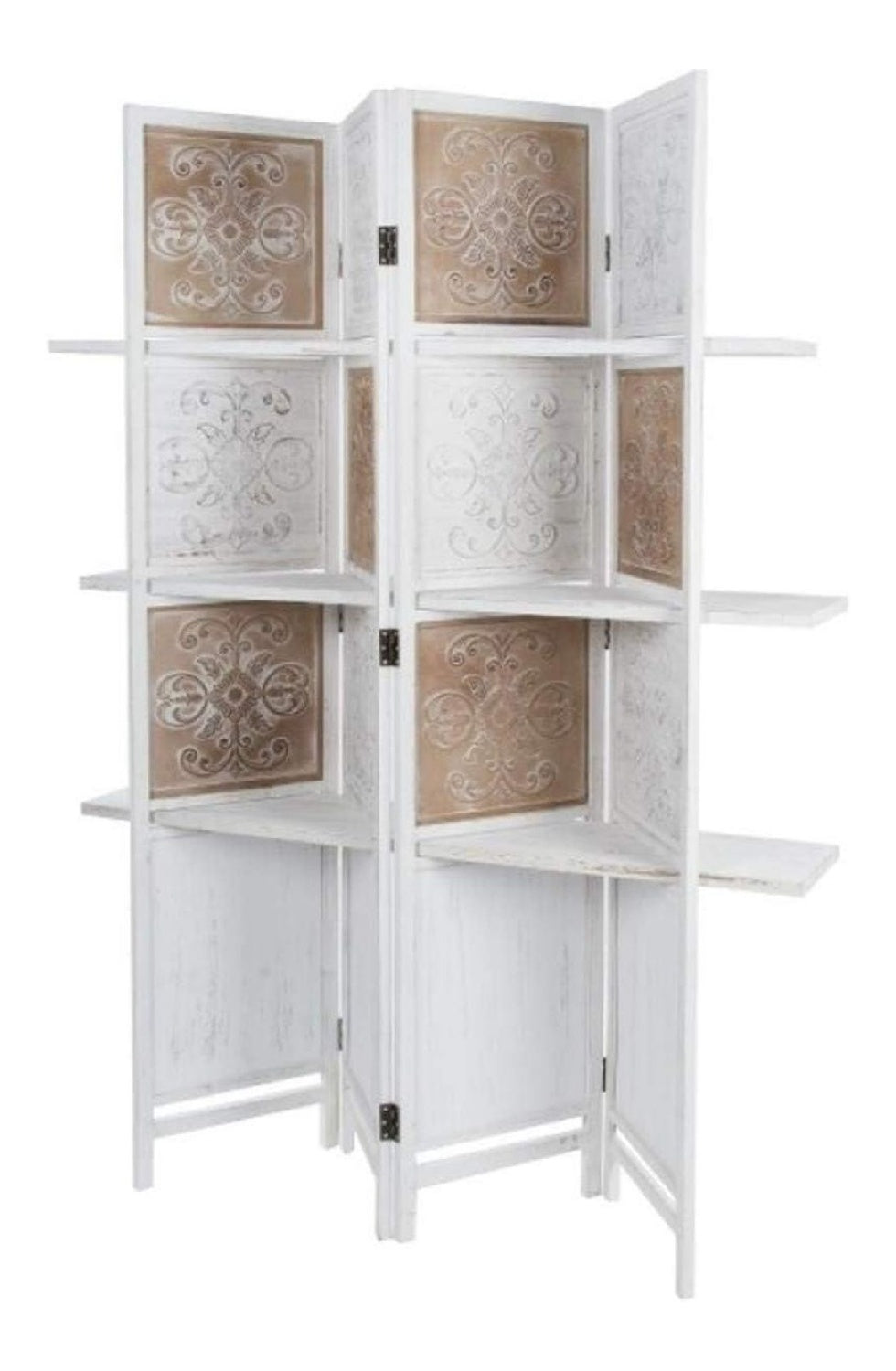 Landhausstil Raumteiler mit 3 Regalen Antik Wei /Antik Braun 155 x 2 x H. 181 cm - Shabby Chic Paravent Sichtschutz Trennwand