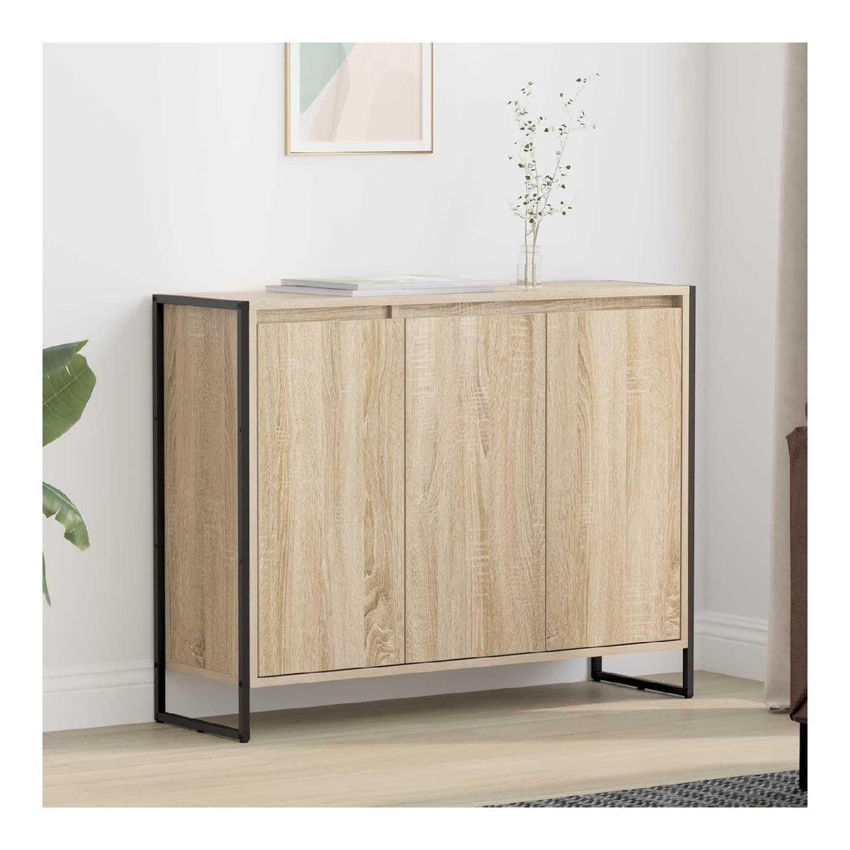 Sideboard Sonoma Holzwerkstoff 96,5 x 30 x 75 cm mit 3 Turen, Anrichte Kommode Buffet Schrank fur Wohnzimmer Esszimmer Flur Eingangsbereich fur Ordnung