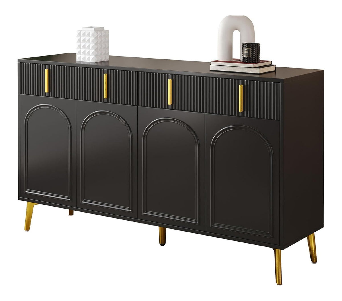 Sideboard 160x38x82 cm, 4 Turen, 4 Schubladen, goldene Griffe & Beine, verstellbare Einlegeboden, herausnehmbares Laminat, Elegantes Wohnzimmer- & Esszimmermobel, Schwarz