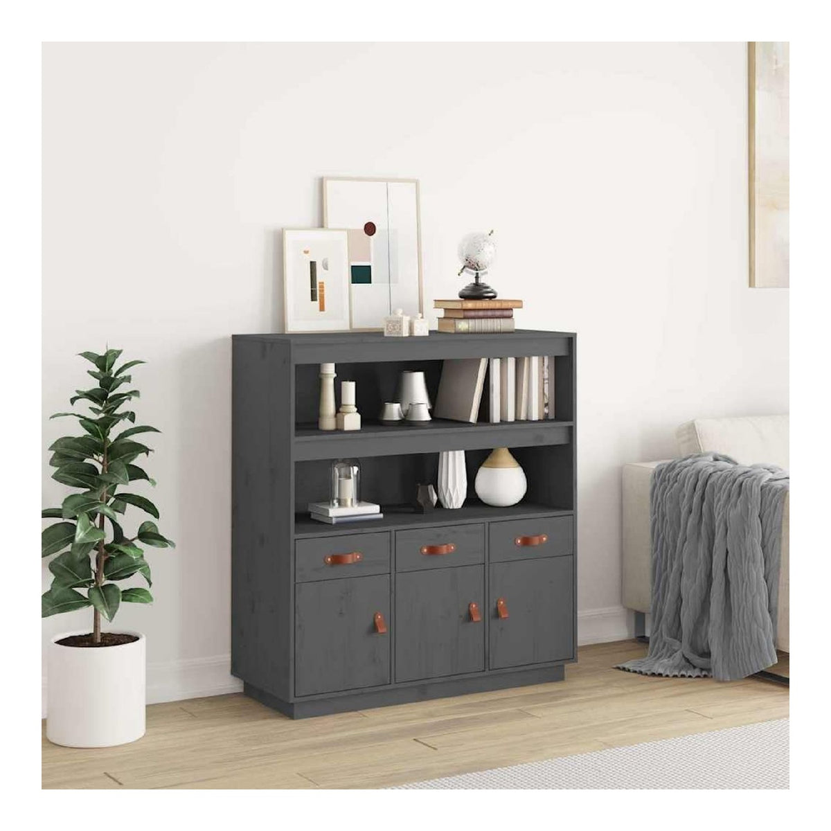 Highboard Grau Massivholz Kiefer 100x40x108,5 cm mit 3 Schubladen 3 Turen und 2 offenen Fachern, Sideboard Wohnzimmer Flur Schlafzimmer mit viel Stauraum und robuster Oberflache