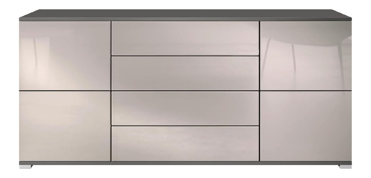 Sideboard Rova V2, Kommode mit 4 Turen und 4 Schubladen, Anthrazit matt/Sandgrau Hochglanz (166,5 x 75,5 x 35)