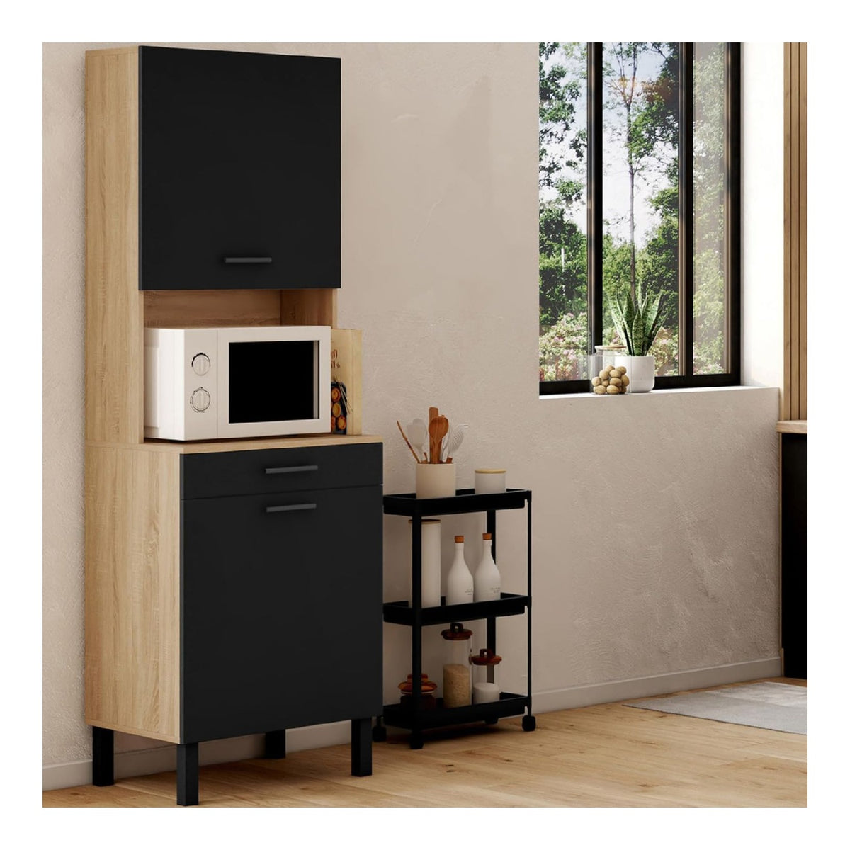 Kuchenbuffet 60 cm CINA 2 Turen + Schublade in Buchenholzoptik und schwarz