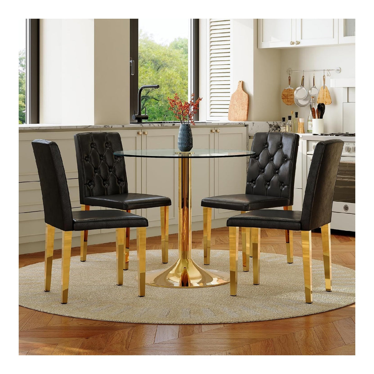 Essgruppe 4 Personen Glastisch Rund 85cm Durchmesser Gehartetes Glas mit Goldener Metallstutze 4 Ergonomische Essstuhle Schwarz Gold Esszimmer Kuchenmobel Set Minimalistischer Stil