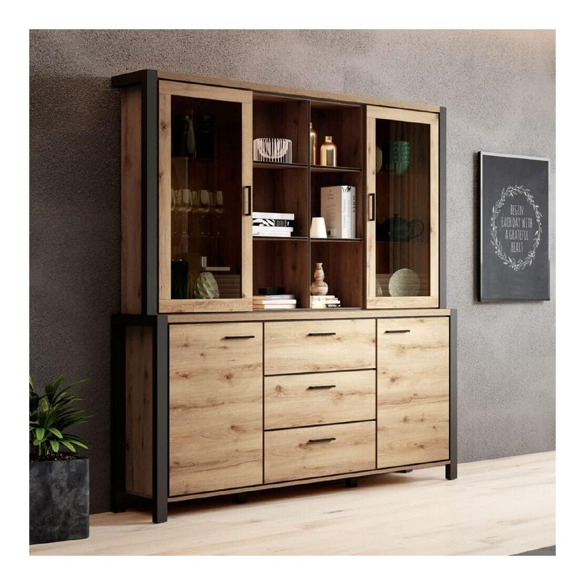 Esszimmer Buffetschrank Set in Taurus Eiche Nb. mit LED Beleuchtung, B/H/T: ca. 180/200/41 cm