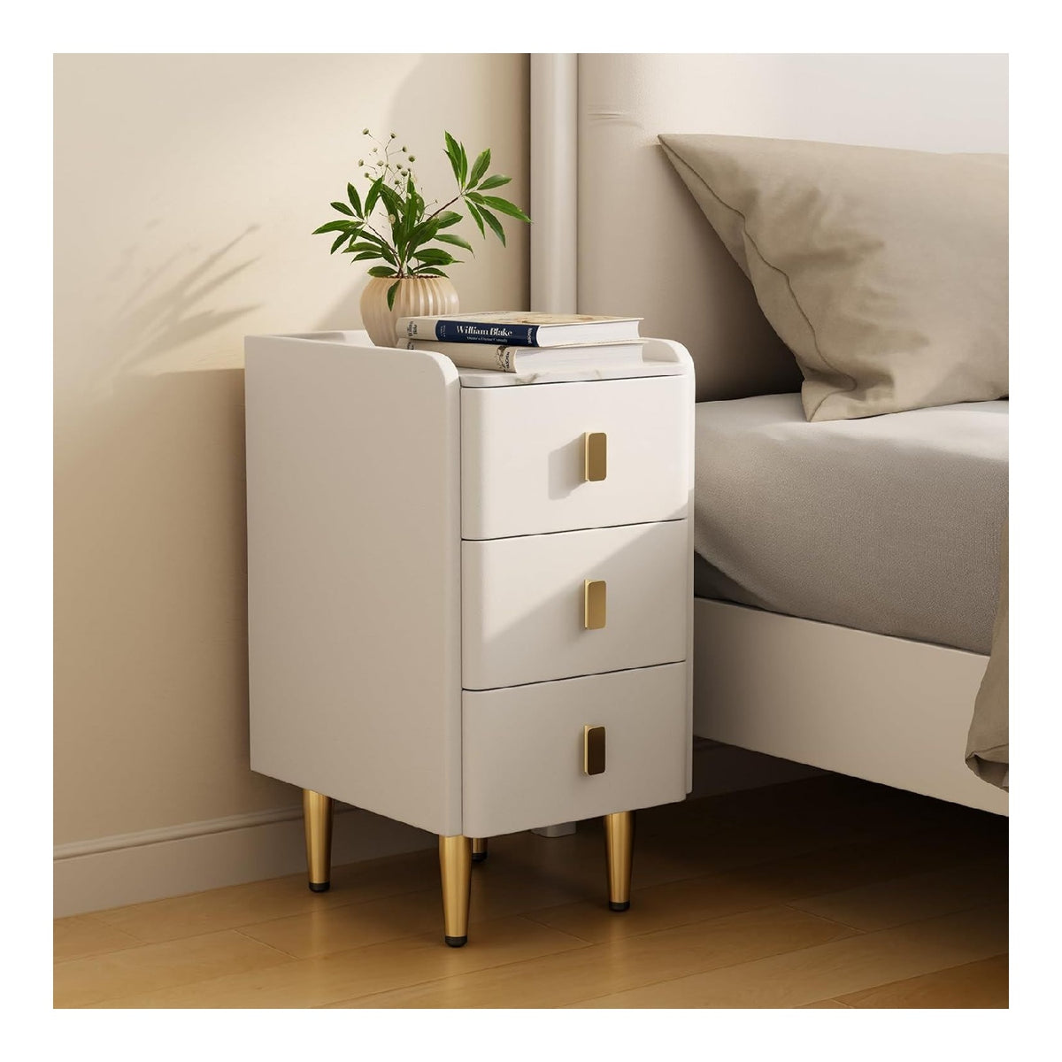 AQIMUELE Nachttisch Schmal, Beistelltisch mit 3 Schubladen, Nachtschrank Oberflache mit Elegantem Lederdesign, Nachtkastchen fur Schlafzimmer, Wohnzimmer (wei - Breite 30cm)