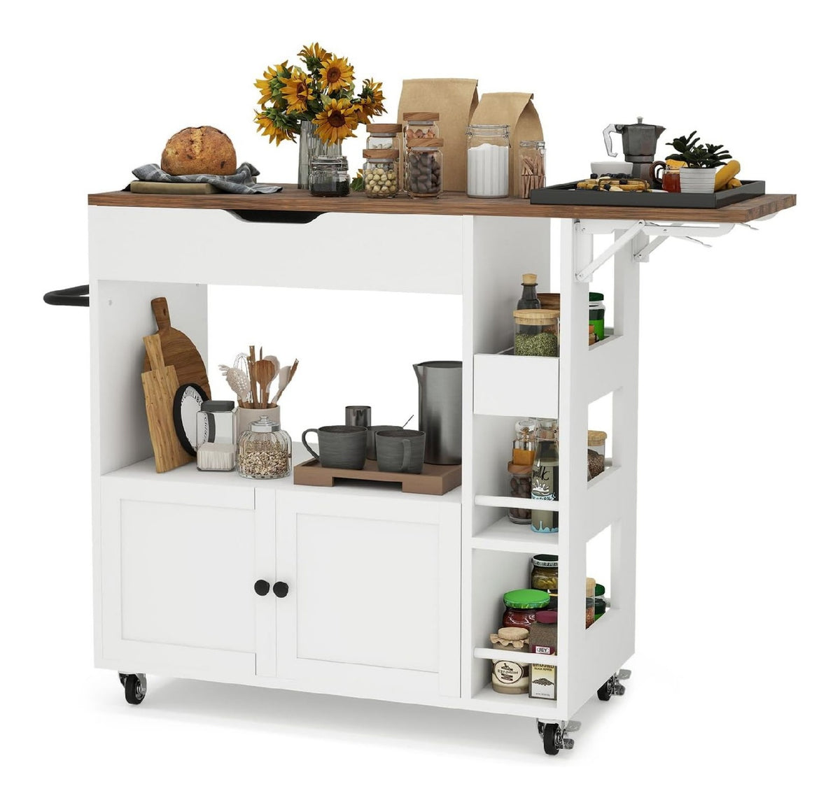 ARTETHYS Kucheninsel mit Klappbarer Arbeitsplatte, Kuchenwagen Servierwagen mit Rollen, Kuchenschrank mit Schubladen und Turen Rollwagen, Buffetschrank fur Kuche, Esszimmer & Outdoor, Wei