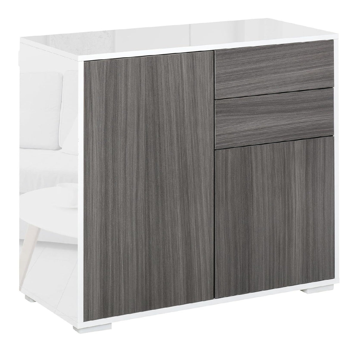 Sideboard Kommode mit Schublade, 2 Push-Click-Turen und Verstellbar Regal, Moderner Aufbewahrungsschrank fur Schlafzimmer, Wohnzimmer, Flur 79 x 36 x 74 cm Hochglanz wei +Hellgrau