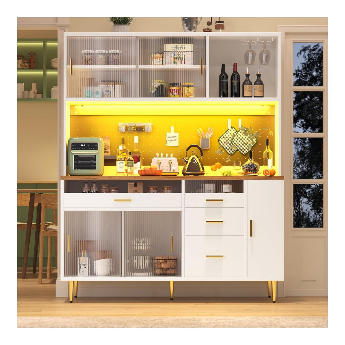 Kuchenschrank Hochschrank mit LED, Wei Buffetschrank, 145x39x171cm