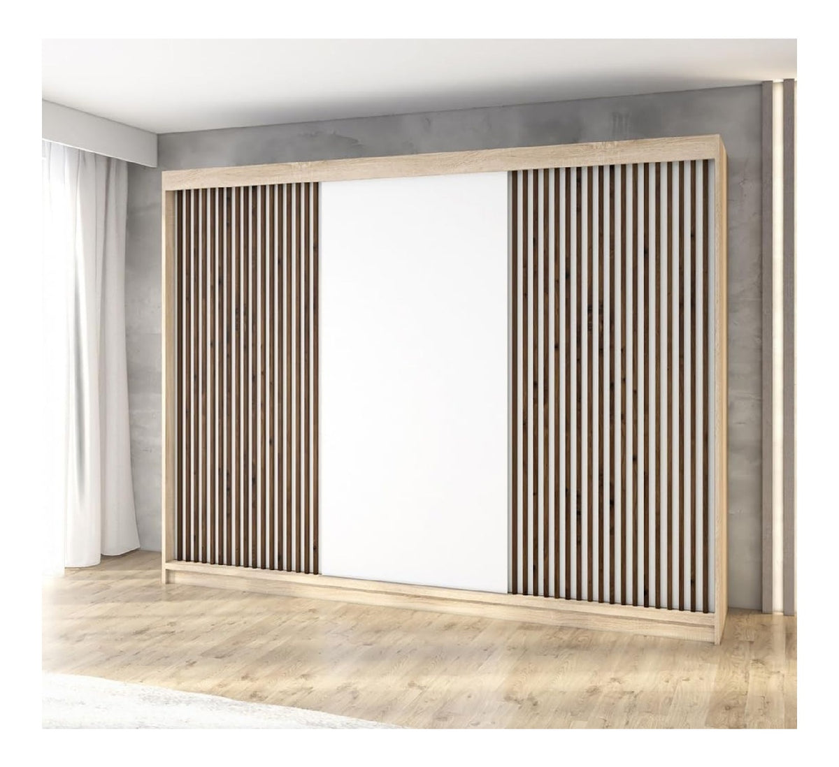 A&J MobelLand Schwebeturenschrank IOSA Kleiderschrank 3-turig mit 6 Schubladen & 3D Lamellen, Garderobe 200 cm (Sonoma/Wei /Wei /Wei )