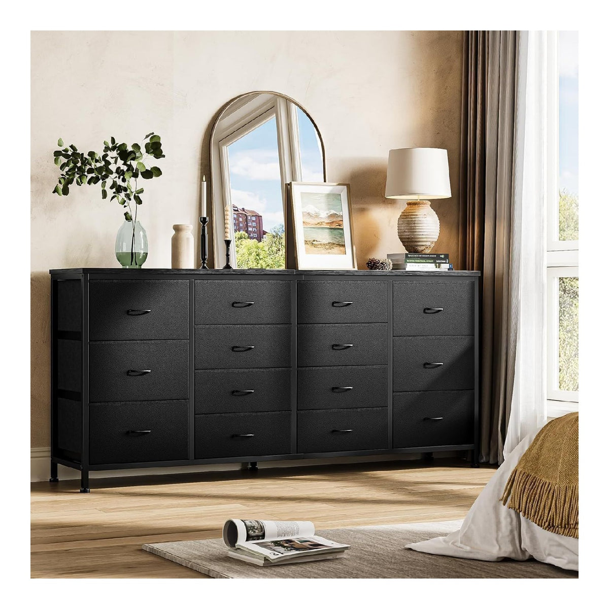 Kommode mit 14 Schubladen, Kommode aus Stoff mit elektrischen Steckdosen, Metallstruktur, modernes Aufbewahrungsmobel fur Schlafzimmer, Wohnzimmer, Kinderzimmer, 160 x 35 x 75 cm