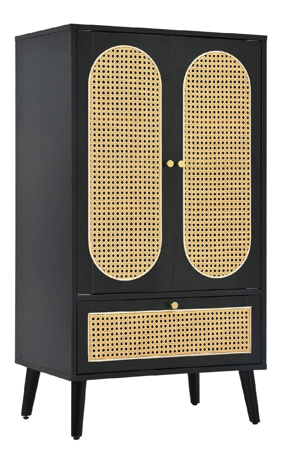 Modern Rattan Sideboard mit 2 Tur aus Rattan und 1 Schublade, 110 cm Hoch Highboard Kommode Standschrank Buffet Beistellschrank Aufbewahrungsschrank Kuchenschrank, 60 x 40 x 110,5cm, Schwarz