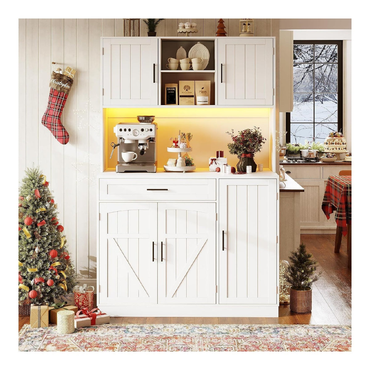 Hochschrank mit Arbeitsplatte und Vielseitiger Stauraum,Kuchenschrank Hoch 110x38x180cm,funf Turen,geraumige Schublade,Mehrzweckschrank Vitrinenschrank fur Kuche Wohnzimmer (B-Wei , 110x38x180 cm)
