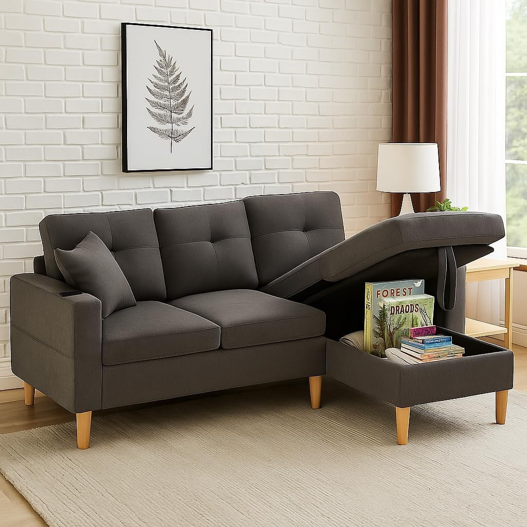 Ecksofa mit Schlaffunktion, Bettkasten, Getr?nkehalter und Sei