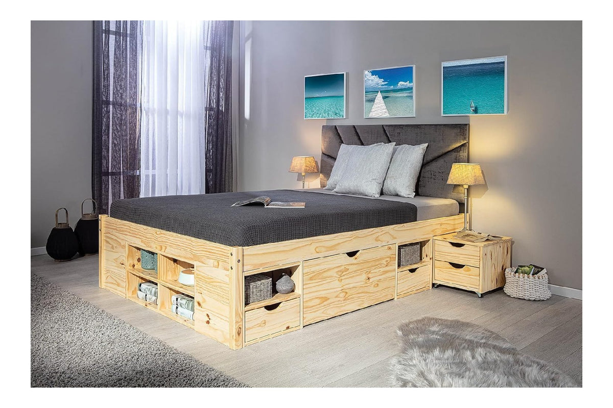 Funktionsbett - Bett mit Schubladen - Doppelbett 140 x 200 cm - 2 Gro e und 4 kleine Schubladen - Nachtkommode - Kiefer massivholz - Inkl Lattenrost - Natur lackiert - Claas