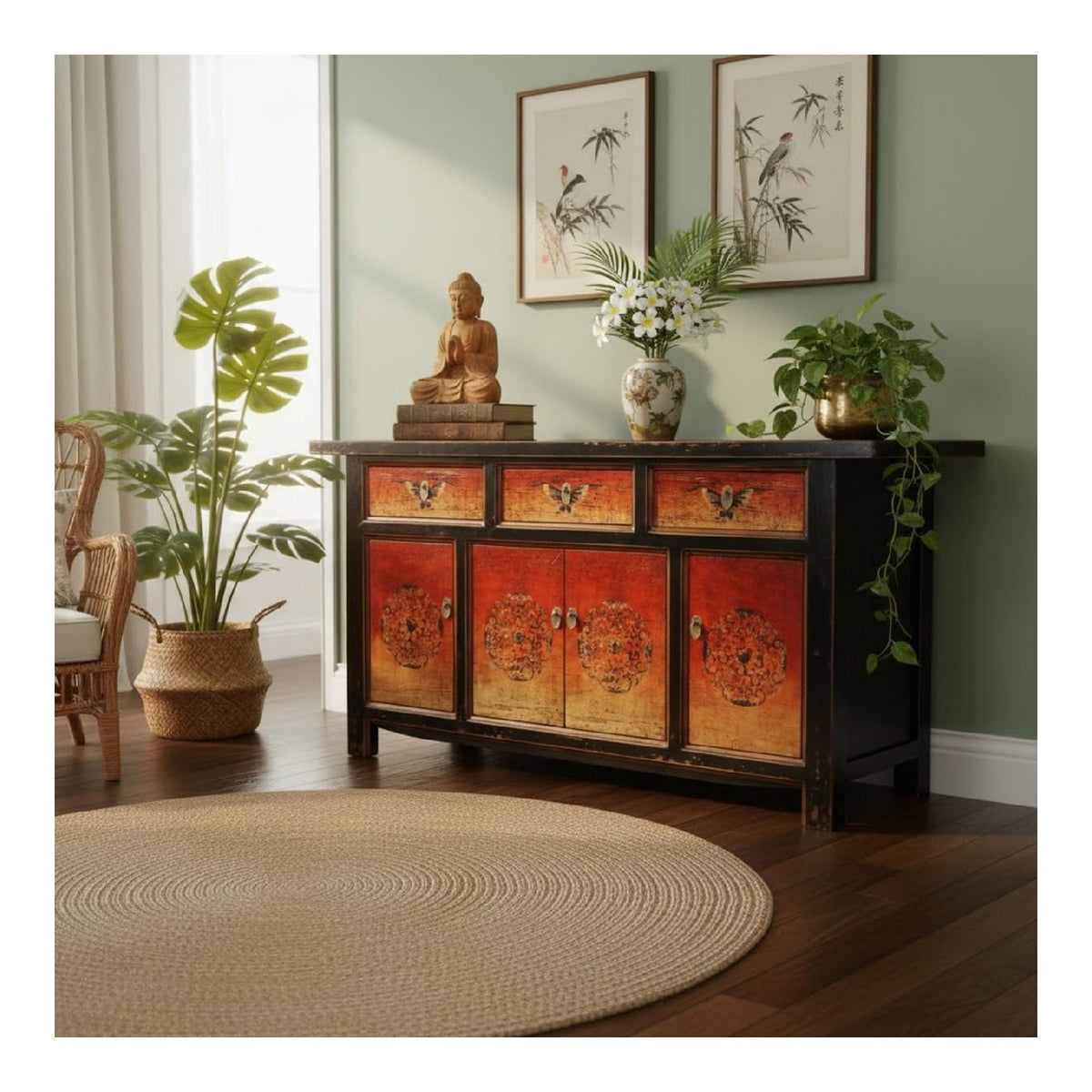 Orientalische Wohnzimmer-Kommode, chinesisches Sideboard, schwarz-orange, Schrank Buffet Anrichte asiatisch, Hochzeitsschrank Vintage-Stil