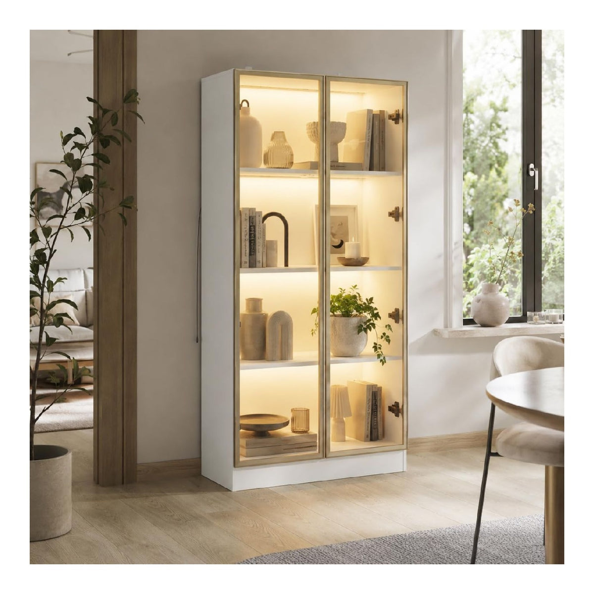 Vitrine Wei mit LED Beleuchtung 80 cm, Glasschrank mit 4 Ebenen, Standvitrine fur Wohnzimmer