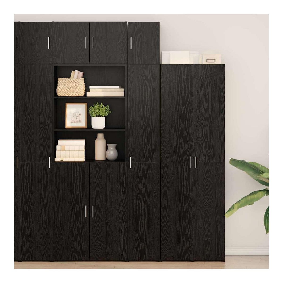 Aufbewahrungsschrank 3-teilig Schwarz Eichen-Optik Holzwerkstoff 30x42,5x225 cm mit viel Stauraum fur Kuche, Esszimmer, Wohnzimmer, modernes Sideboard und Kuchenmobel
