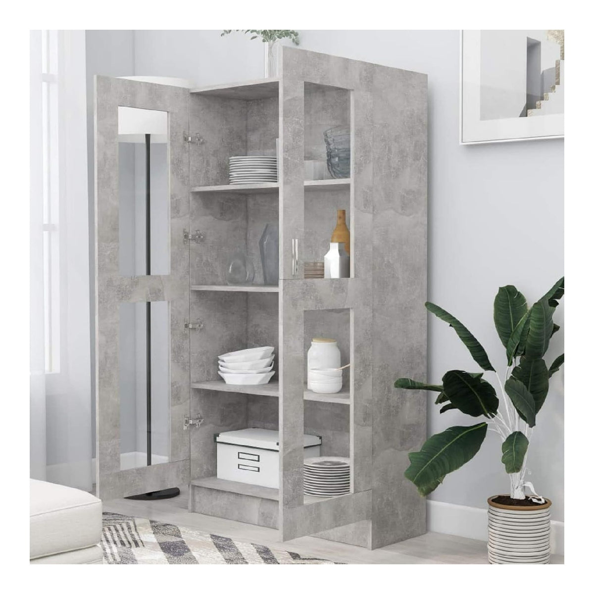 Vitrinenschrank Sideboard Kommode Anrichte Vitrine Schrank Beistellschrank Mehrzweckschrank mit 4 Fachern und 2 Glasturen Spanplatte Betongrau 82,5x30,5x150 cm