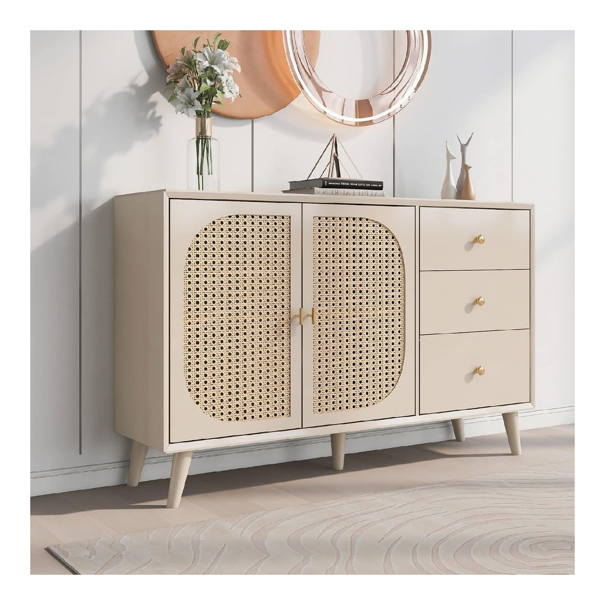 Lexiou Esszimmer Wohnzimmer Sideboard Kommode Stehschrank Aufbewahrung Sideboard TV-Tisch mit Turen und Schubladen Sideboard mit gro em Stauraum Offwhite Creme Breite 120 cm