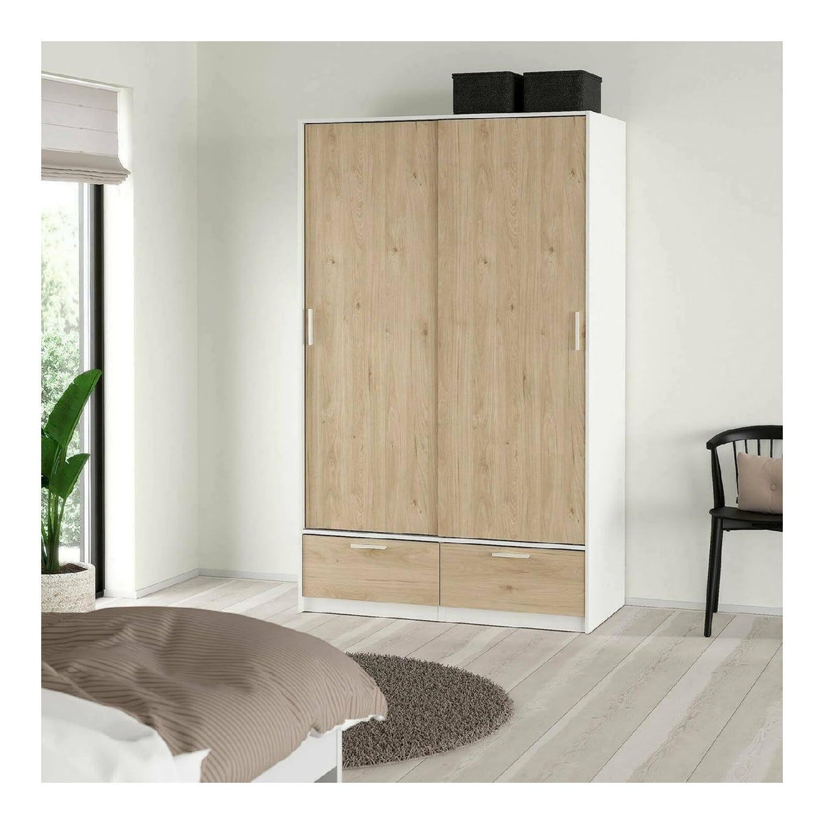 Kleiderschrank 2 Turen Leonore, Schlafzimmermobel, Schrank, Garderobe, 121x60 h200 cm, Wei und Eiche