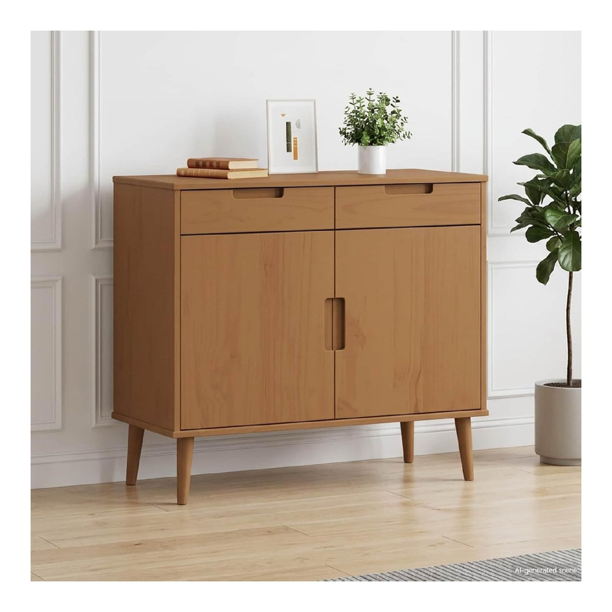 Sideboard MOLDE Karamell 90 x 40 x 80 cm mit 2 Schubladen und 2 Turen fur Wohn- und Esszimmer, Stabiler Kuchenschrank, Kommode mit Stauraum, Holz, UV-lackiert